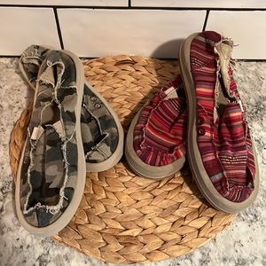 TWO pair - Sanuk Women's Donna slip ons - Size 9 each - camo and boho stripe ✨